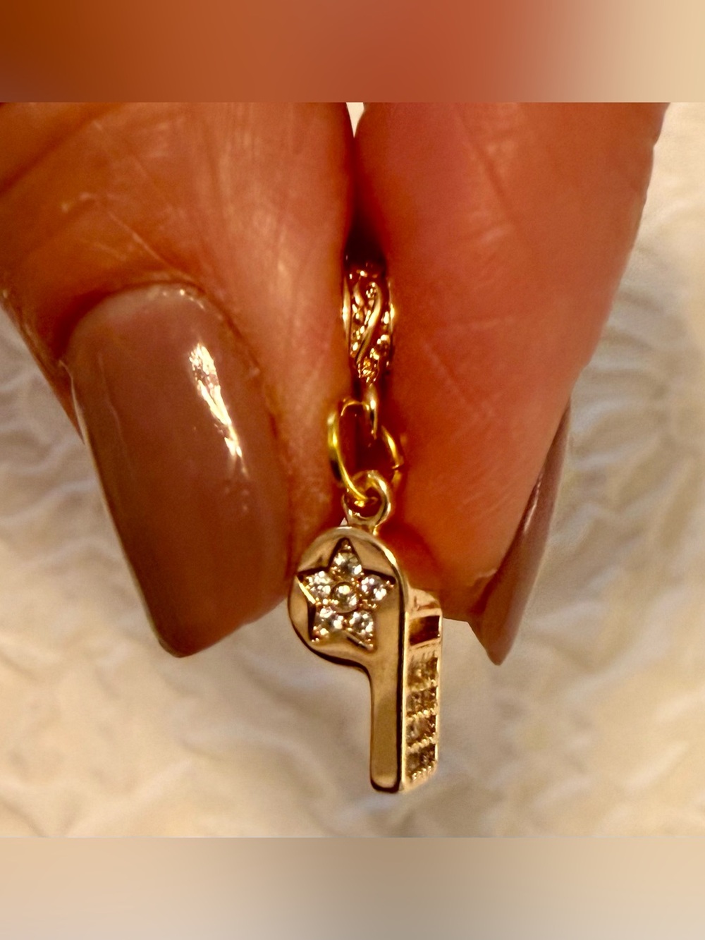 Charm /pendant - small whistle w/rhinestones - gold tone metal - New!  Cute